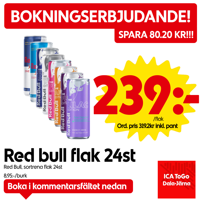 Red Bull flak 24st Orginal, Red Bull flak 24st Sockerfri, Red Bull flak 24st Purple edition m.fl.