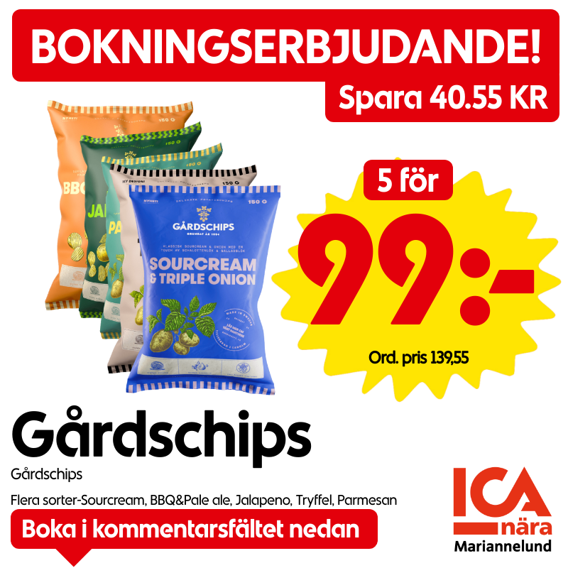 Gårdschips Sourcream, Gårdschips BBQ&Pale Ale, Gårdschips Jalapeno m.fl.